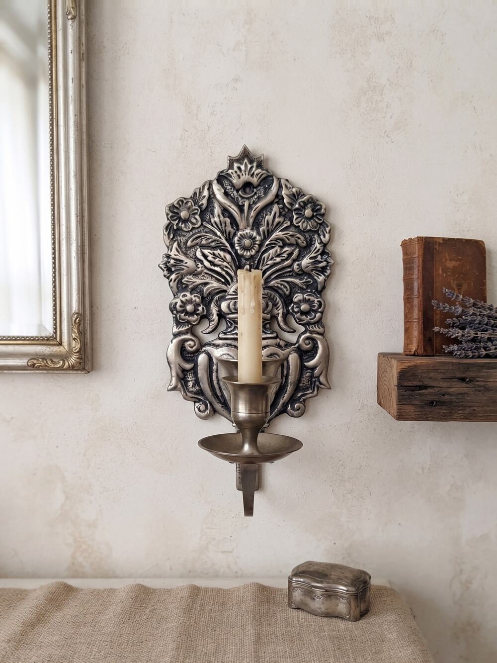 Vintage Ornate Brass Wall Sconce Candle Holder Moody Wall Art Floral Repoussé